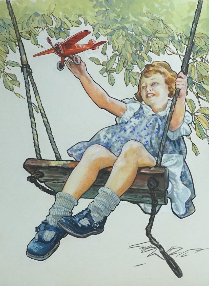 Gilbert Wilkinson (1891-1965), ink and gouache, 'Girl on swing holding a toy aeroplane', signed with three copies of Dittybox magazine, 37 x 32cm